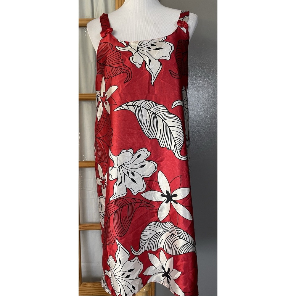 Vtg Floral Satin Slip Dress Women's 3X Red White Bow Sleeveless Boho Romantic